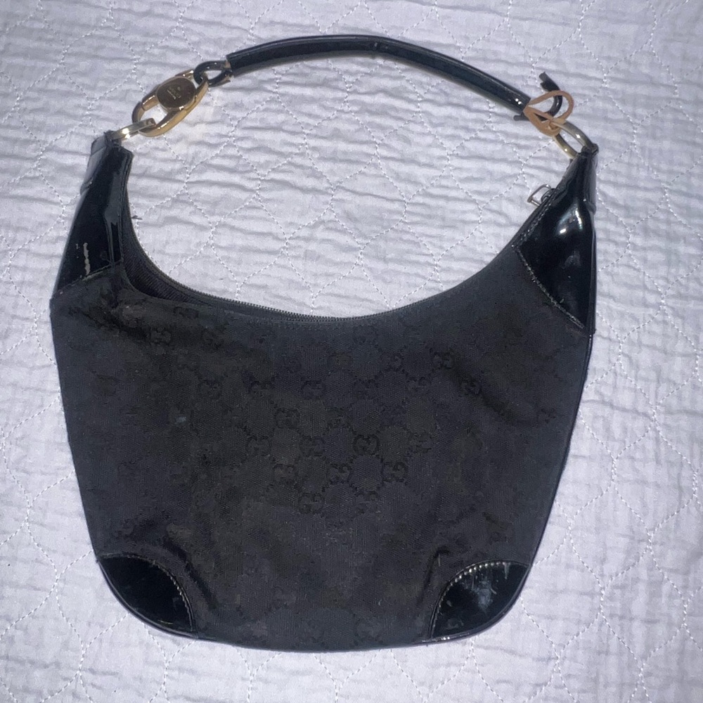 Authentic Black Gucci canvas & patent shoulder bag.